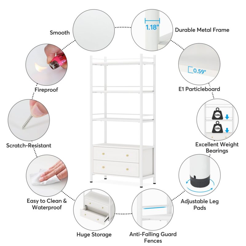 Bookshelf, 4-Tier Tall Bookcase Display Shelf with 2 Drawers - Image 6