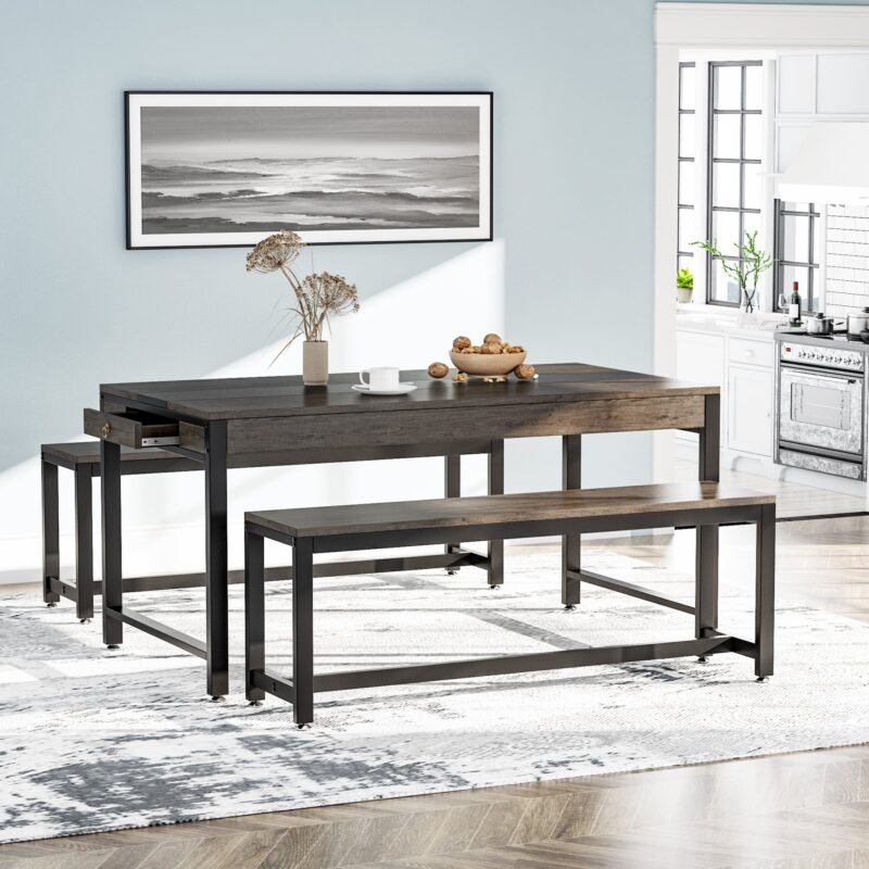 Dining Table Set, Kitchen Breakfast Table with 2 Benches & Sided Drawer - Image 9