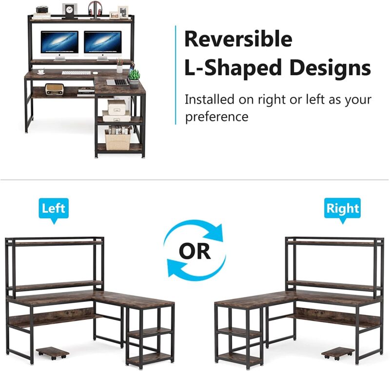 L-Shaped Desk, 59" Reversible Corner Desk with Storage Shelves - Image 5