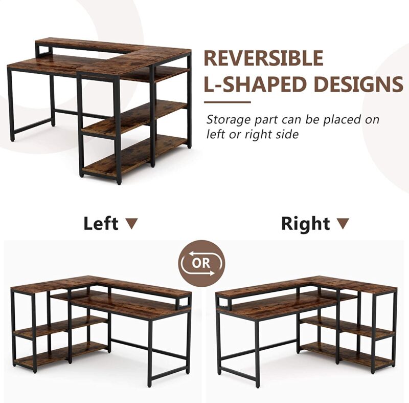 Reversible L Shaped Computer Corner Desk with Shelves - Image 5