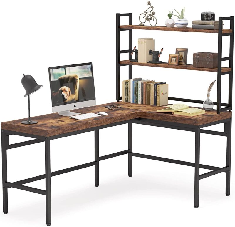 L-Shaped Desk, 67" Computer Writing Desk with Hutch, Rustic