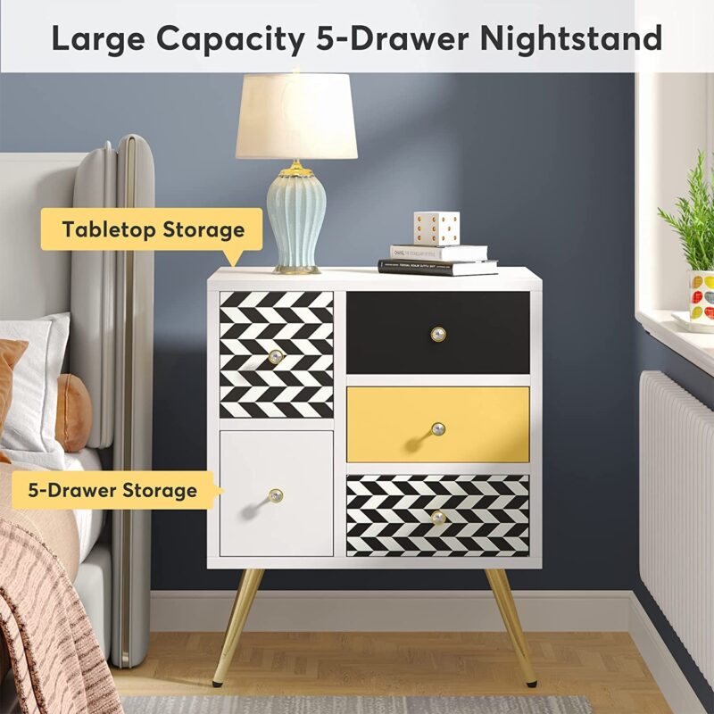 Nightstand, Modern Colorful Bedside End Table With 5 Drawers - Image 4