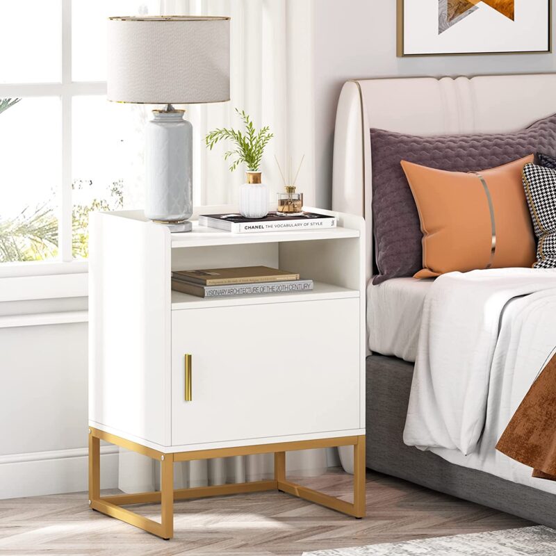 Nightstand, Modern Bedside Table with Cabinet and Storage Shelf - Image 4