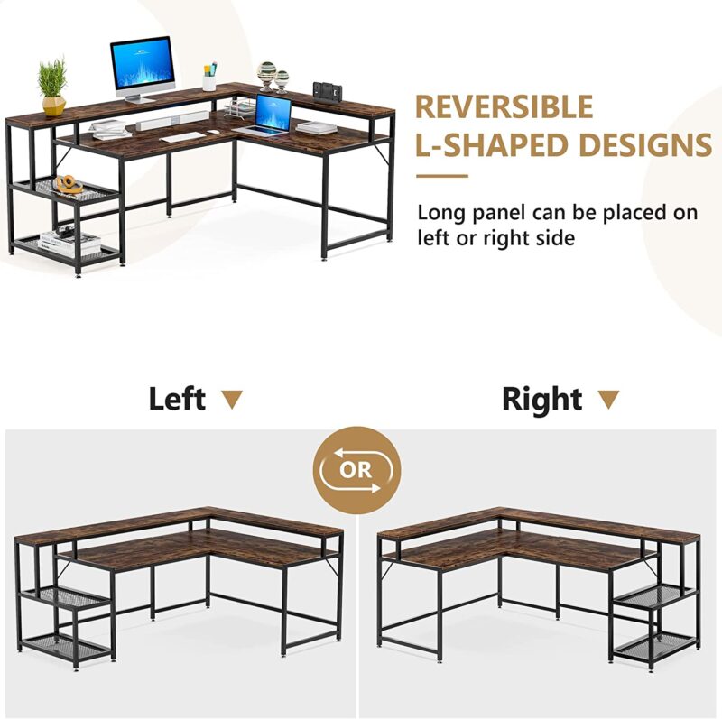 L-Shaped Desk, 69" Reversible Corner Desk with Monitor Stand & Storage Shelf - Image 5