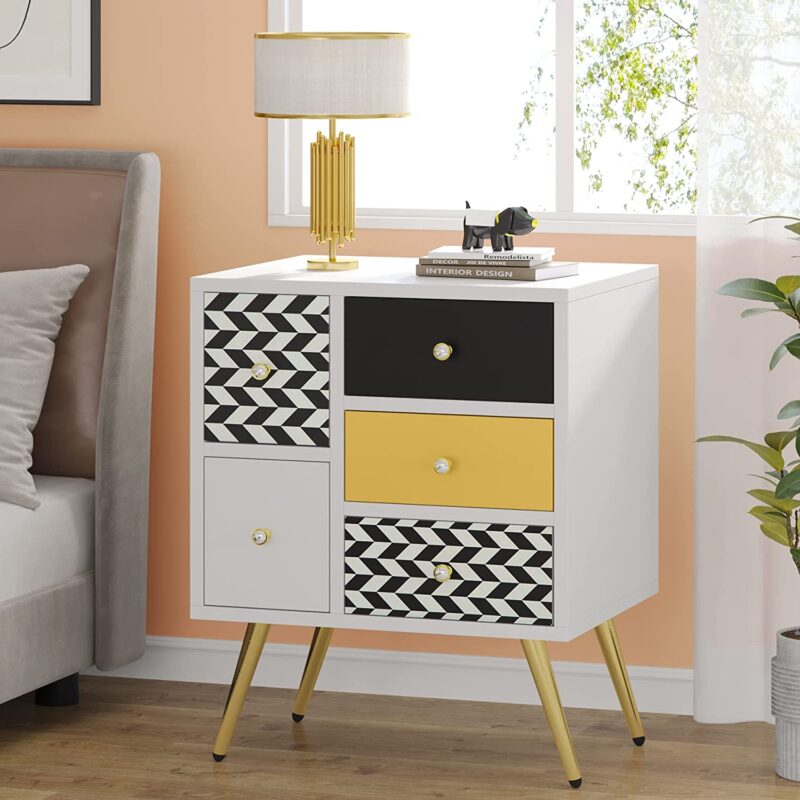 Nightstand, Modern Colorful Bedside End Table With 5 Drawers