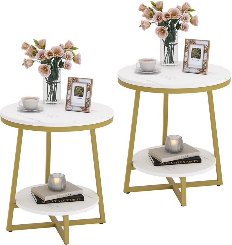 End Table, 2 Tier Round Nightstand Bedside Table - Image 7