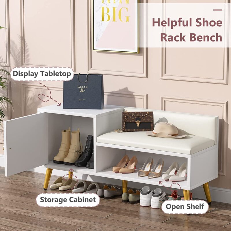 Shoe Bench, Entryway Storage Bench with Cabinet and Shelf - Image 5