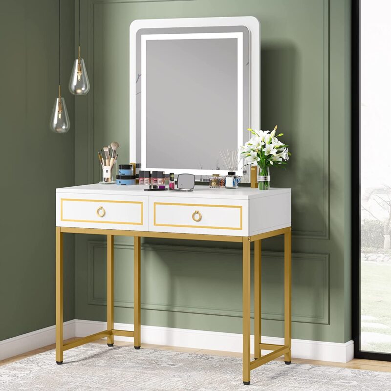 Vanity, Modern Makeup Vanity Table with LED Lights and 2 Drawers