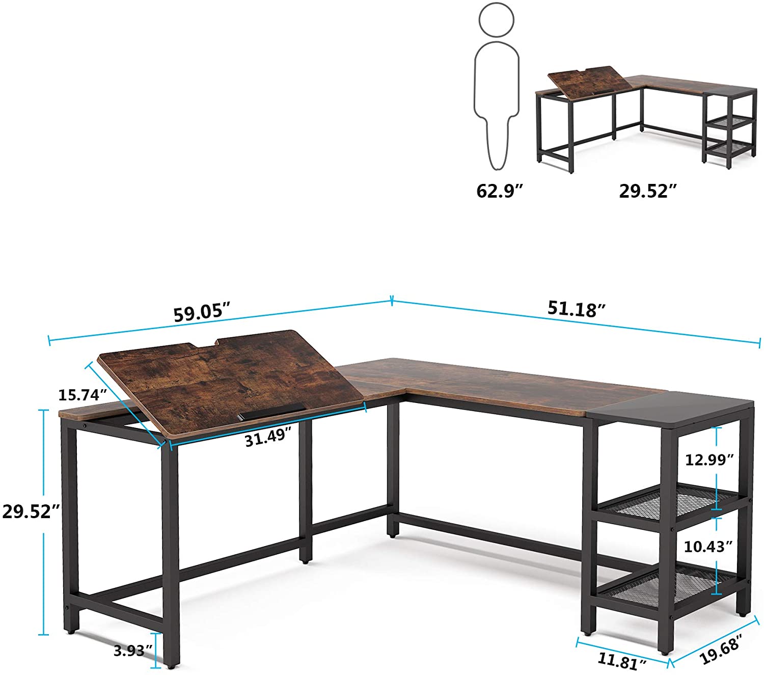 L-Shaped Desk, 59″ Corner Computer Desk Drafting Table with Shelves ...