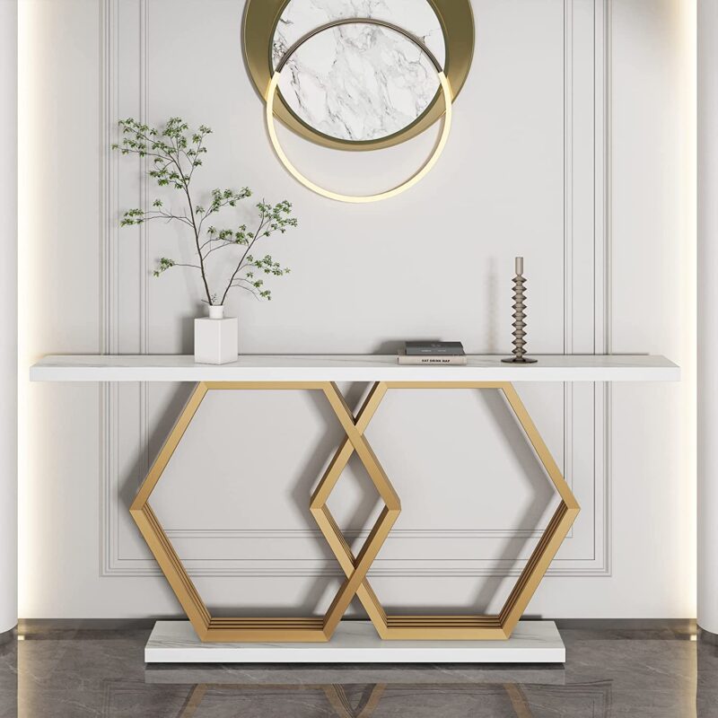 Console Table, 70" Faux Marble Entryway Table with Geometric Metal Base