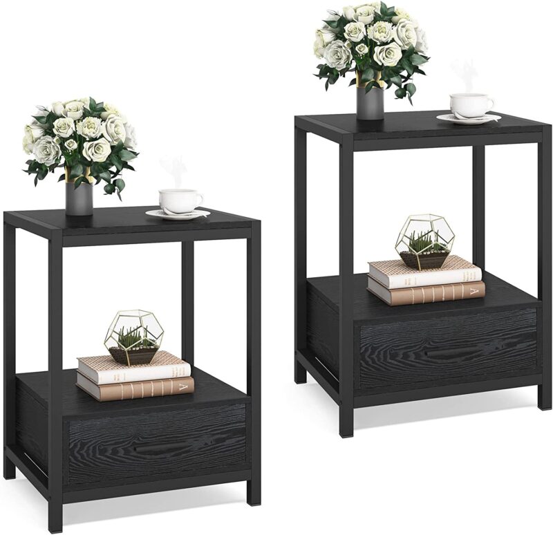 Nightstands, End Side Table with Drawer & Storage Shelf - Image 13