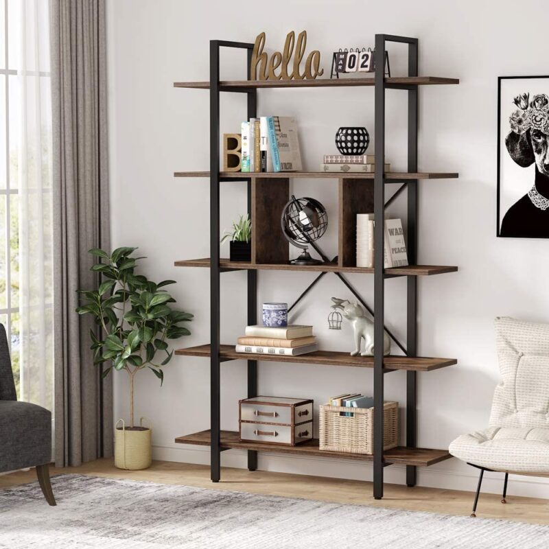 Bookshelf, 5-Tier Industrial Bookcase Display Storage Shelf - Image 2