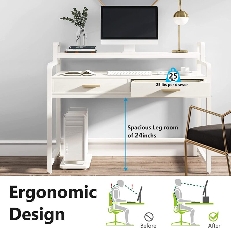 Computer Desk, 47" Writing Desk with 2 Drawers and Monitor Stand Riser - Image 4