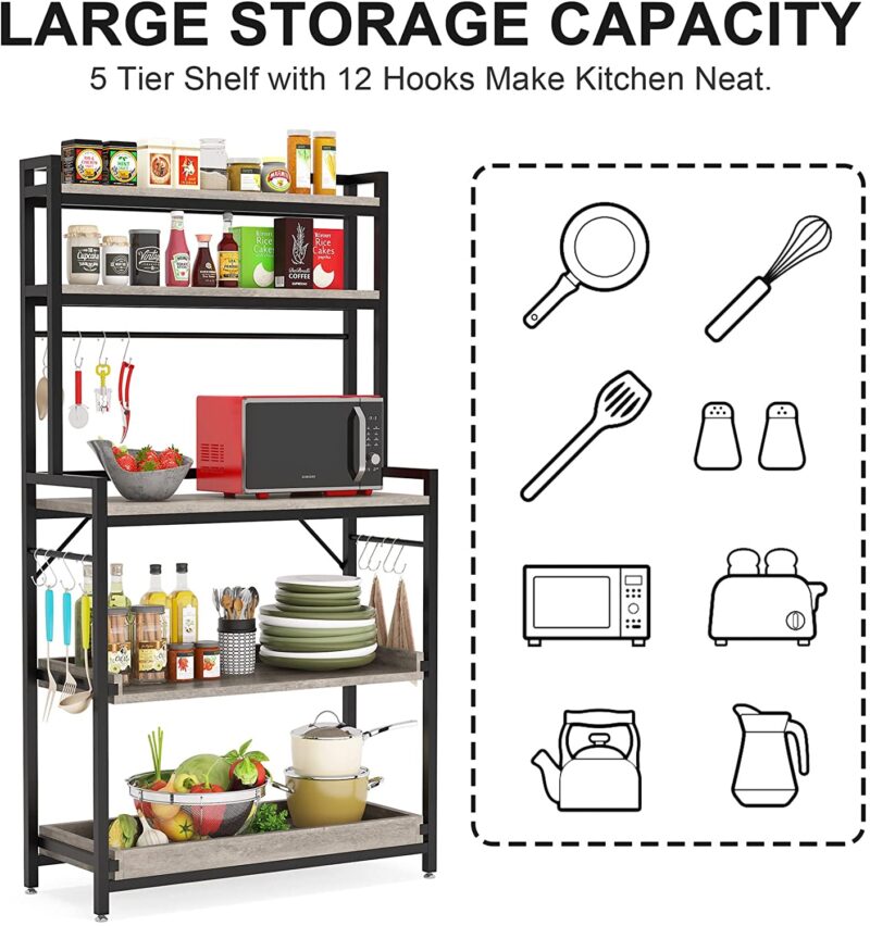 Kitchen Baker’s Rack with Hutch, 5 Tier Wood Microwave Oven Stand - Image 6
