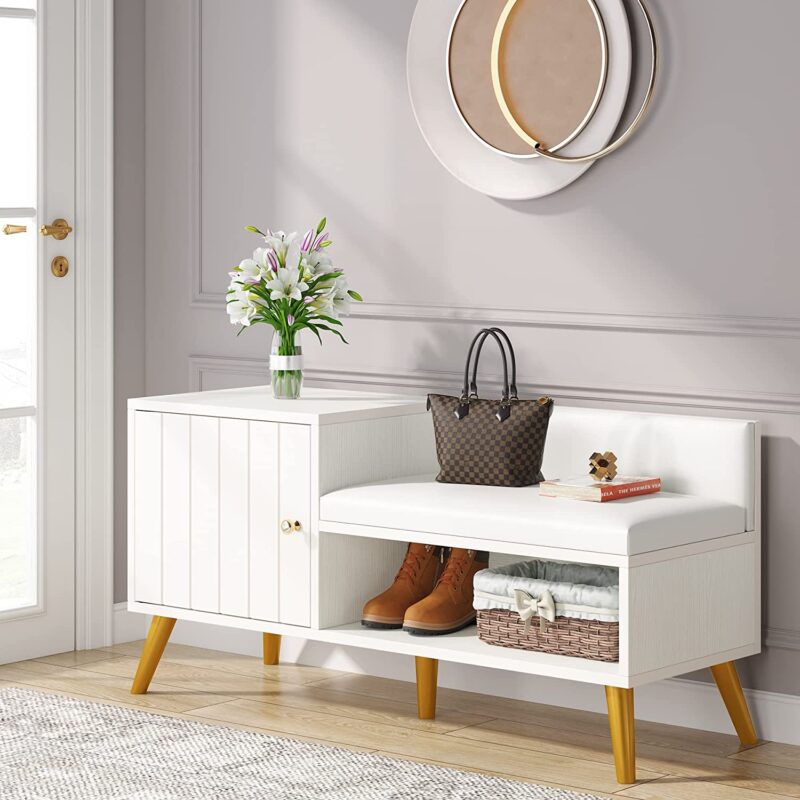 Shoe Bench, Entryway Storage Bench with Cabinet and Shelf