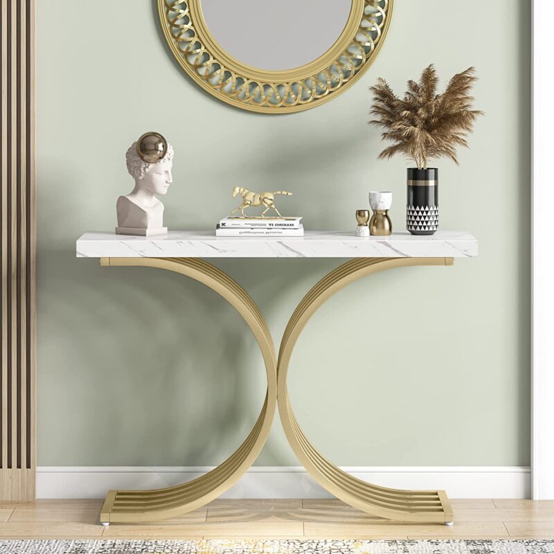 Console Table, Modern Faux Marble Entryway Sofa Table with Metal Base - Image 3