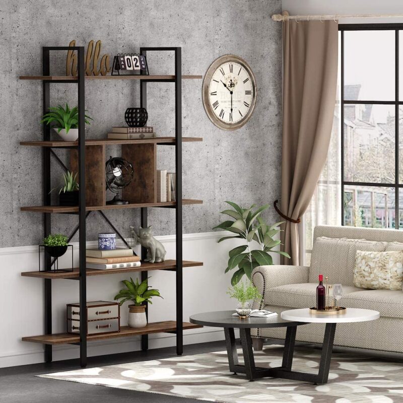 Bookshelf, 5-Tier Industrial Bookcase Display Storage Shelf - Image 4