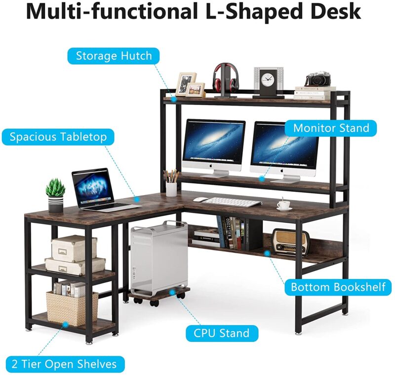 L-Shaped Desk, 59" Reversible Corner Desk with Storage Shelves - Image 7