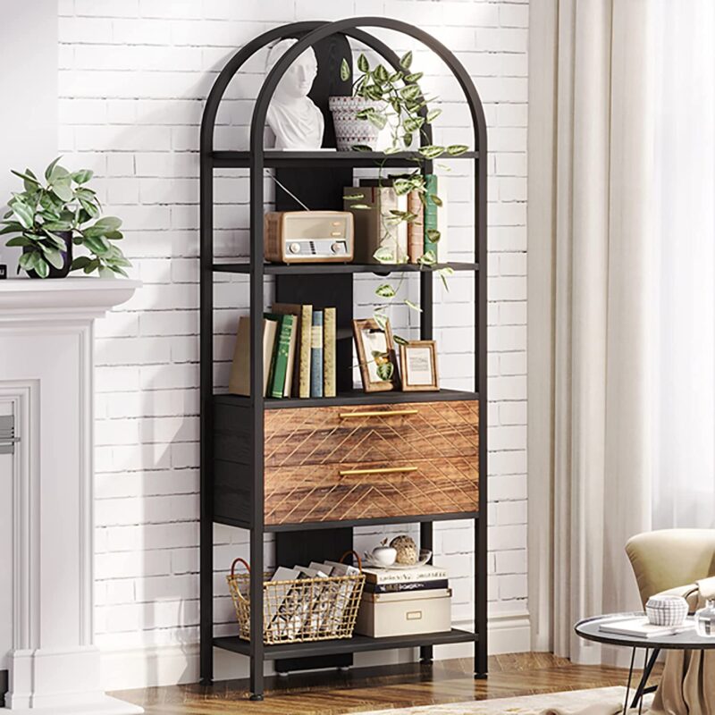 Bookshelf, 4-Tier Industrial Bookcase with 2 Drawers & LED Light - Image 3