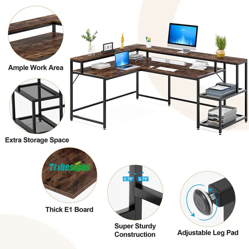 L-Shaped Desk, 69" Reversible Corner Desk with Monitor Stand & Storage Shelf - Image 7