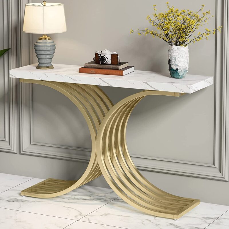 Console Table, Modern Faux Marble Entryway Sofa Table with Metal Base