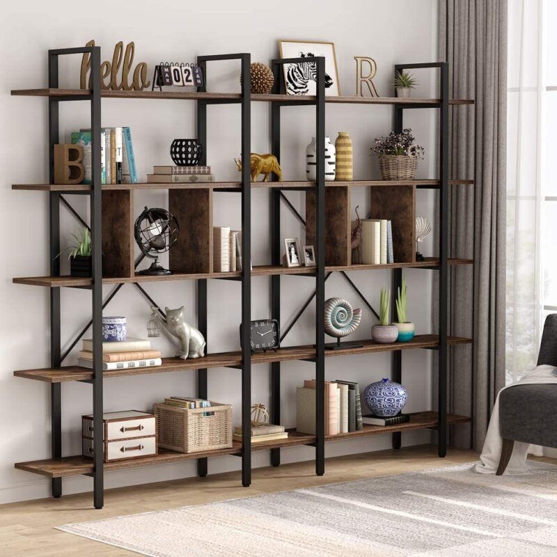 Bookshelf, 5-Tier Industrial Bookcase Display Storage Shelf - Image 3