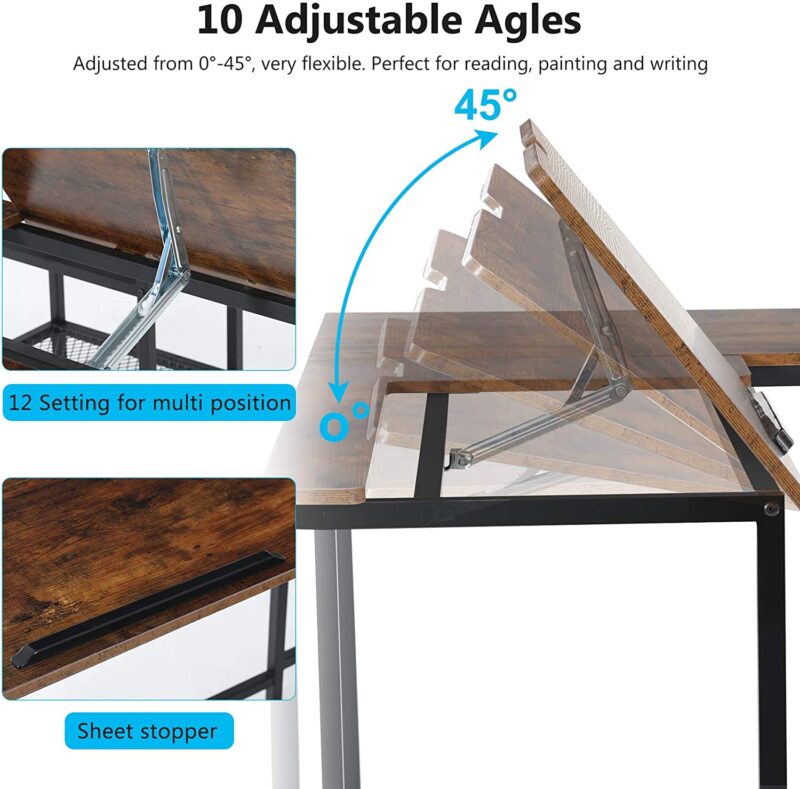 L-Shaped Desk, 59" Corner Computer Desk Drafting Table with Shelves - Image 5