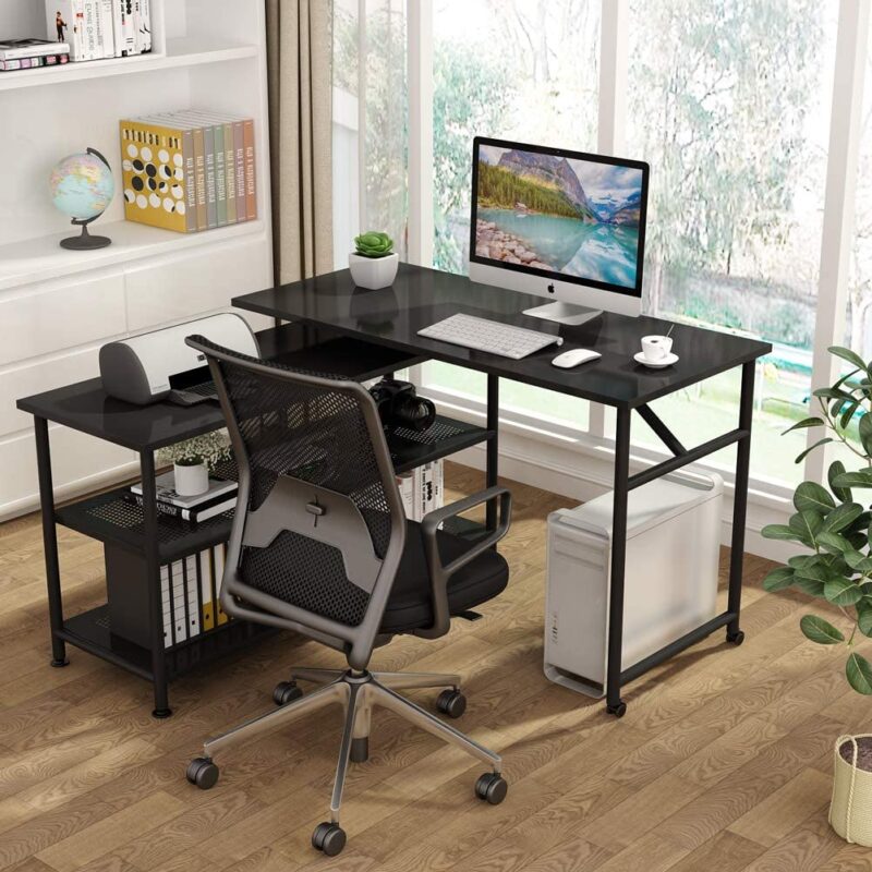 Rotating Desk, Modern L-Shaped Desk with Storage Shelves - Image 10