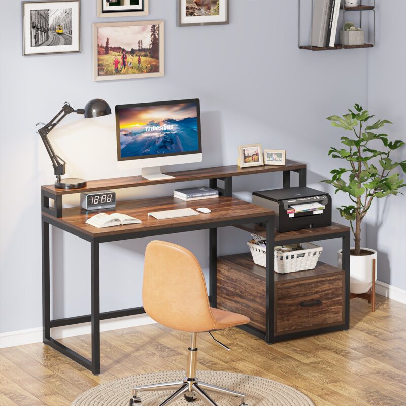 Computer Desk, 60" Desk with File Drawer and Shelves - Image 8