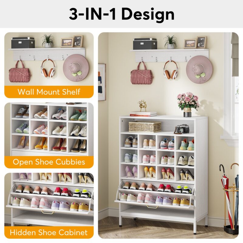 Shoe Cabinet, 3-in-1 Shoe Rack with Coat Rack & Flip Door - Image 6