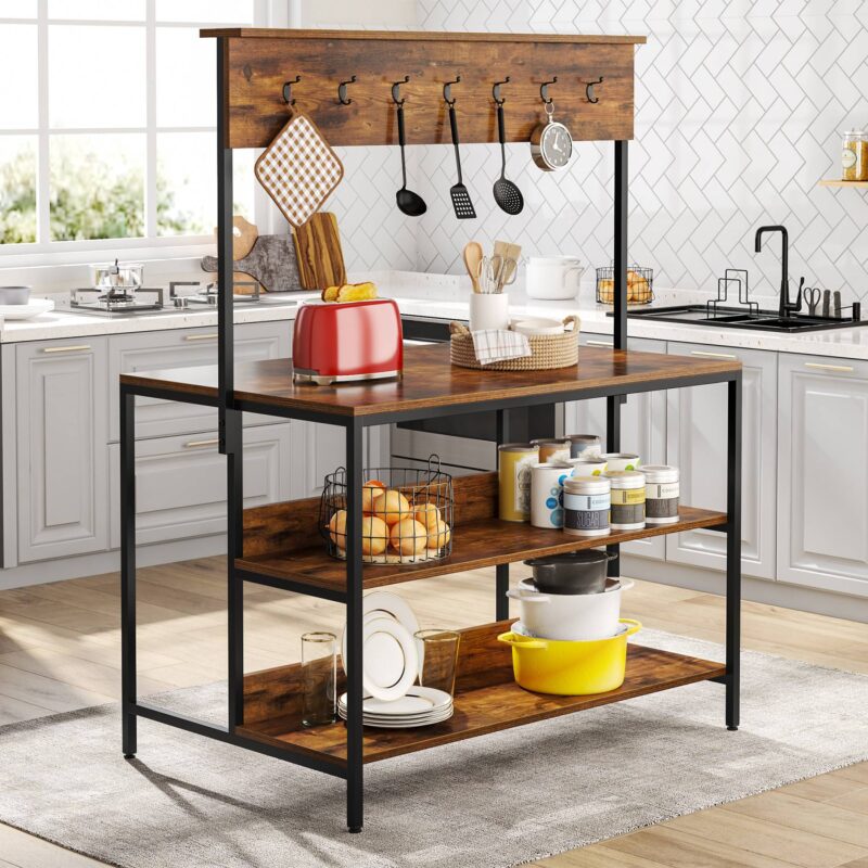 Kitchen Island, 3 Tiers Kitchen Storage Shelf with 14 Hooks - Image 3