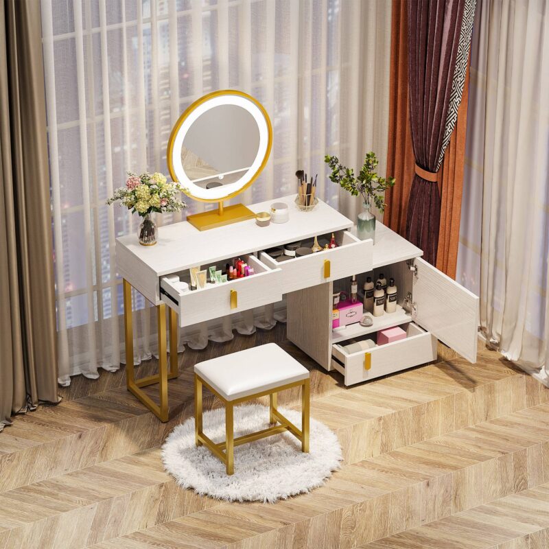 Vanity, Makeup Dressing Table with 3-Color Touch Screen Lighted Mirror - Image 3