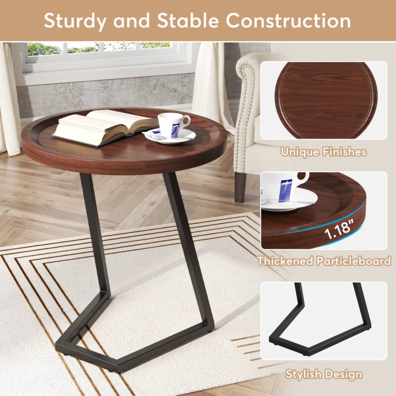 End Table, Round Side Snack Table with L-Shaped Metal Leg - Image 6