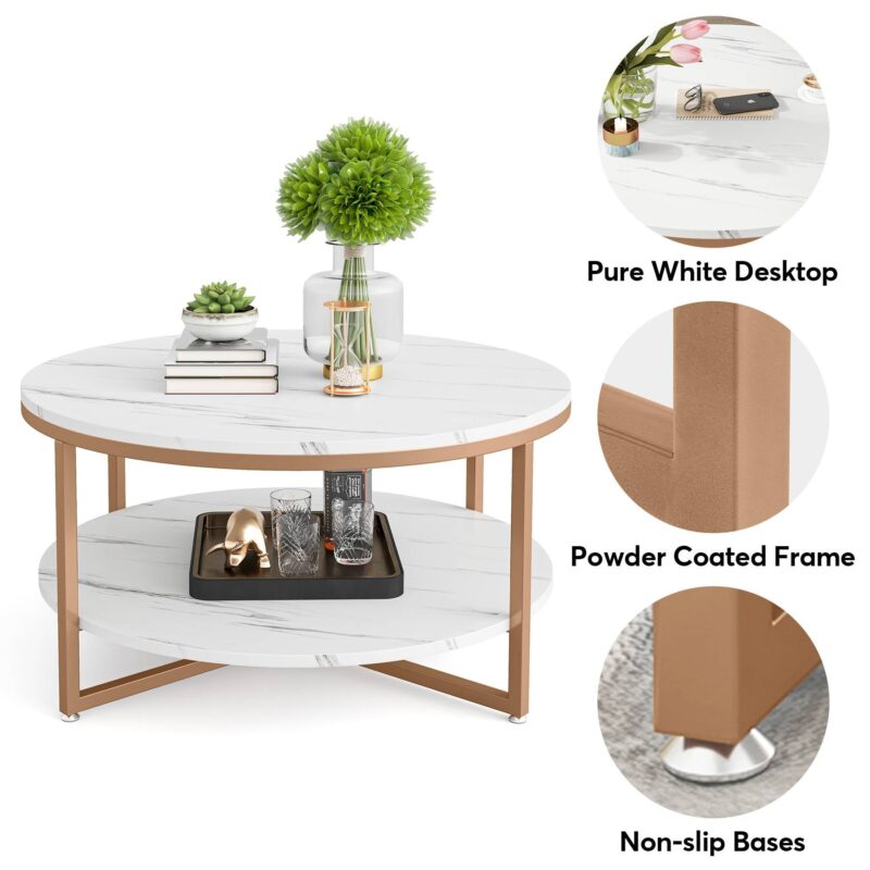 Coffee Table, 2-tier Round Tea Table with Faux Marble Tabletop - Image 6