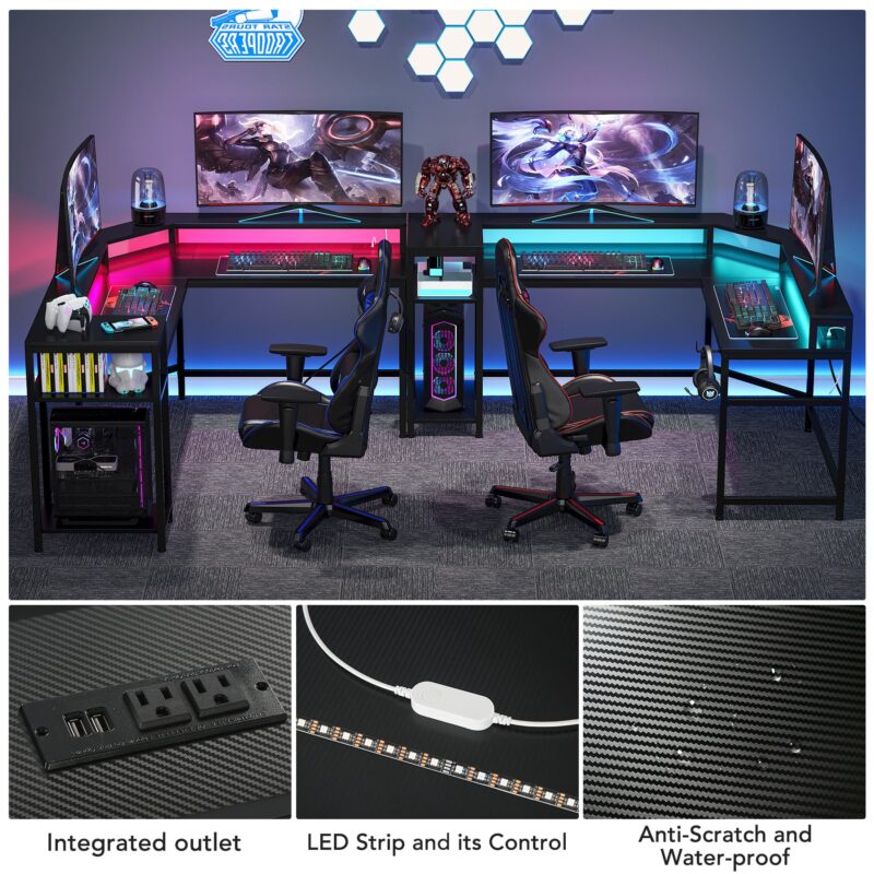 Gaming Desk, L-Shaped Computer Desk with Power Outlets & LED Strips - Image 7