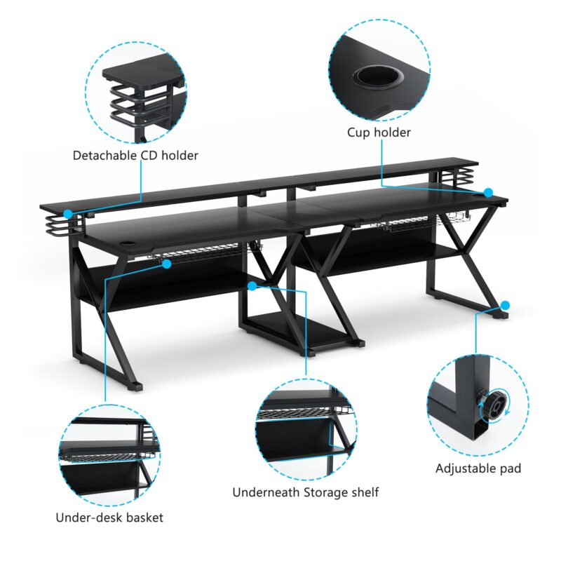 Gaming Desk, 102" Two Person Computer Desk with Shelves - Image 7