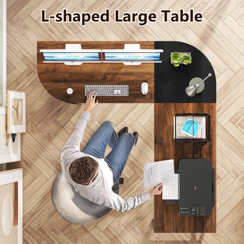 L-Shaped Desk with Lift Top, 59" Corner Computer Desk with Storage Shelves - Image 5