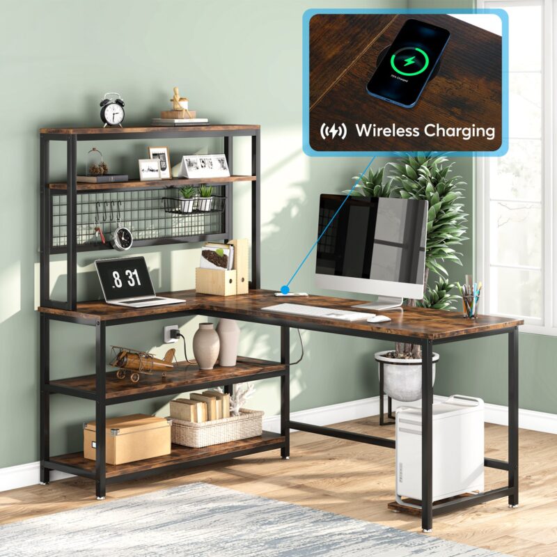 55" Reversible L-Shaped Desk with Wireless Charging & Shelves - Image 3