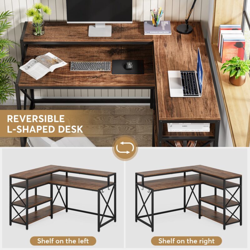 L-Shaped Desk, Reversible Corner Desk with Storage Shelves and Monitor Stand - Image 5