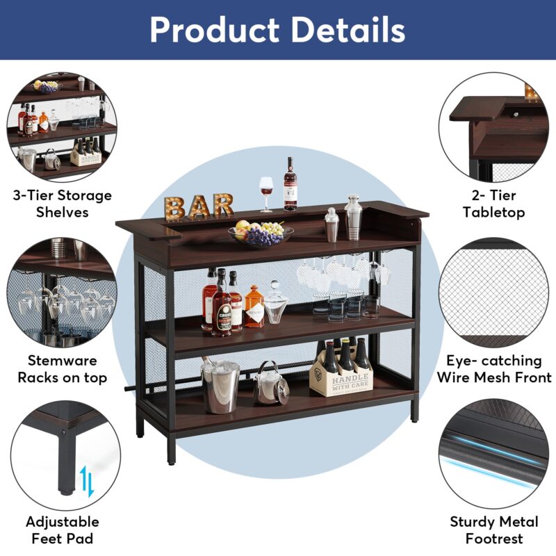 Home Bar Unit, Industrial 3 Tier Liquor Bar Table with Stemware Rack - Image 6