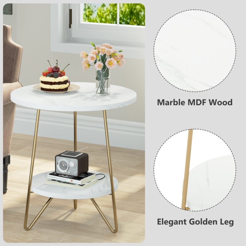 End Table, 2 Tier Round Sofa Bedside Table with Shelves - Image 6