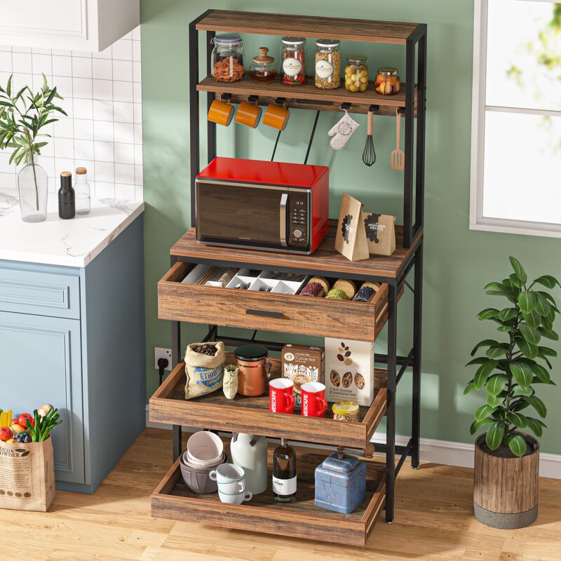 5-Tier Kitchen Baker's Rack with Power Outlets, Drawer & Sliding Shelves - Image 4