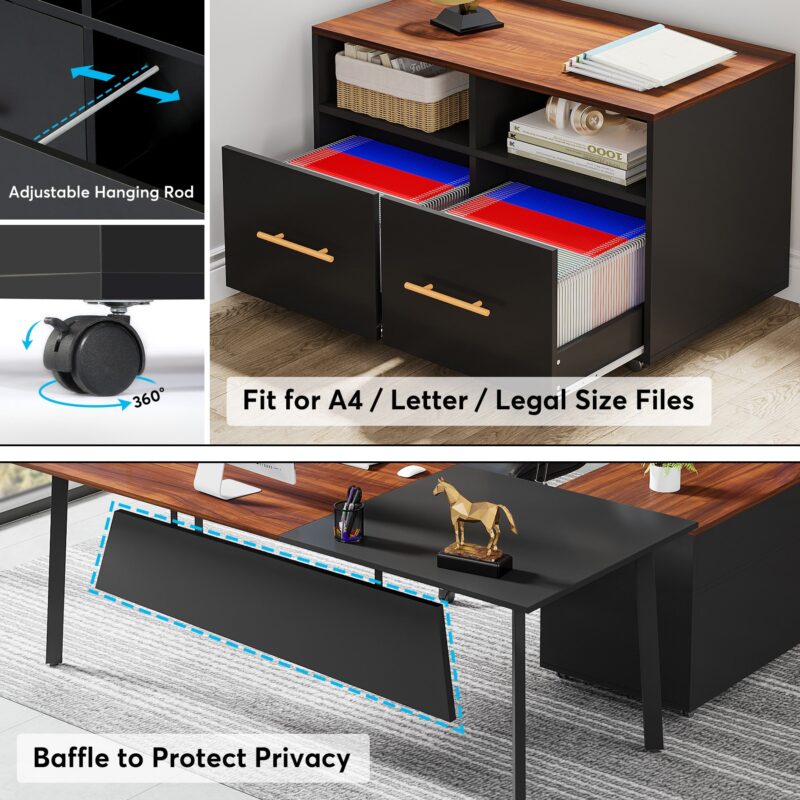 L-Shaped Desk, 70" Executive Desk with 43" File Cabinet - Image 6