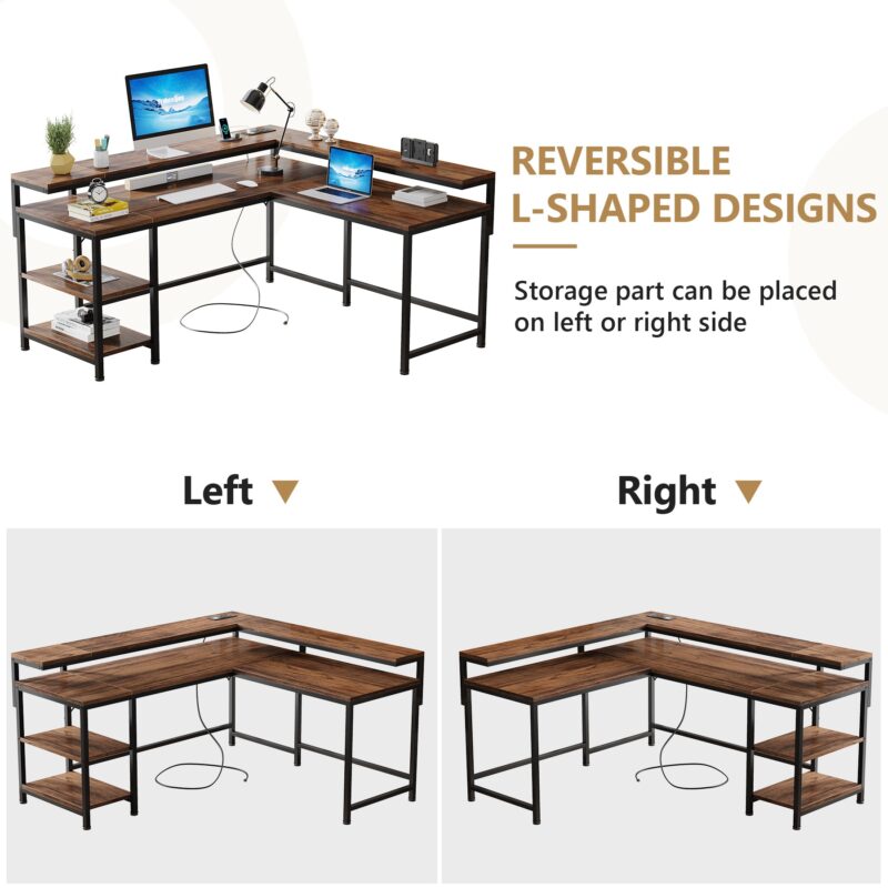 L-Shaped Desk, Corner Desk with Power Outlets & Monitor Shelves - Image 5