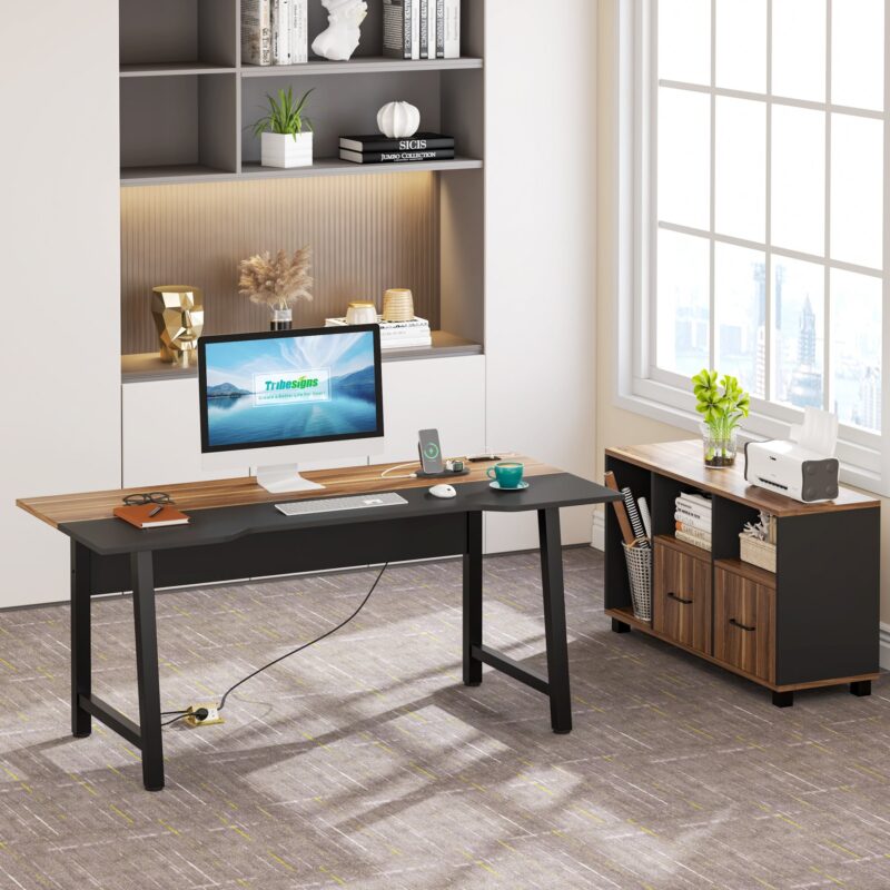 L-Shaped Desk, 70.9" Computer Desk with Power Outlet and File Cabinet - Image 2