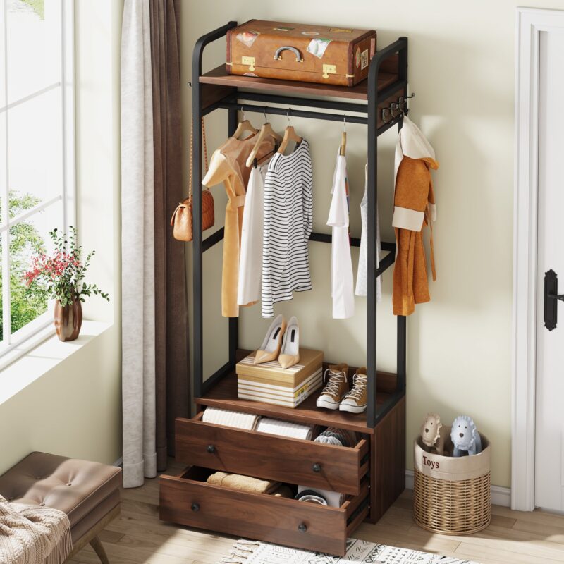 Freestanding Closet Organizer, Coat Rack with Drawers and Shelves - Image 4