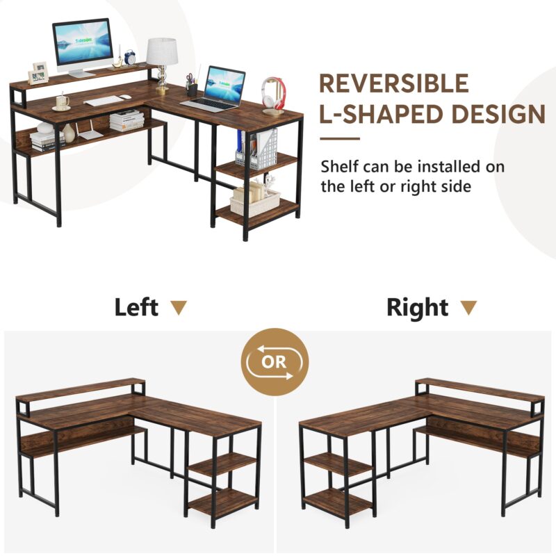 L-Shaped Desk, Reversible Corner Desk with Shelves & Monitor Stand - Image 6