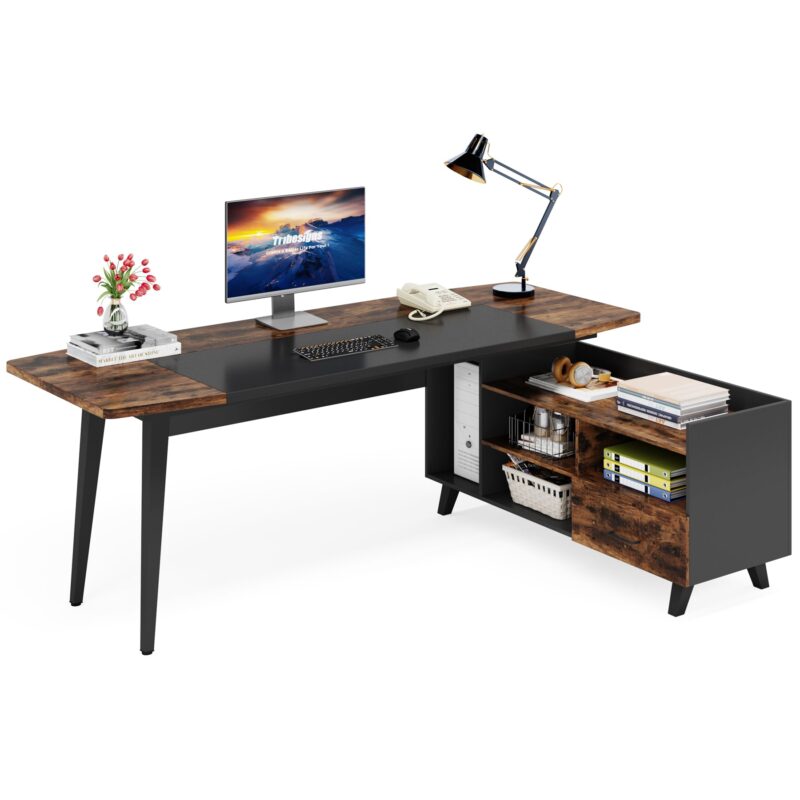 70.9" L-Shaped Executive Desk, Large Computer Desk with 47" File Cabinet