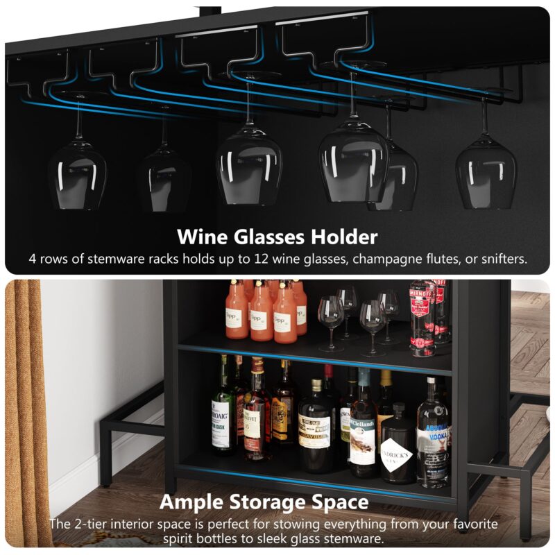 Home Bar Unit, Industrial 3-Tier Liquor Bar Table with Glasses Holder - Image 7