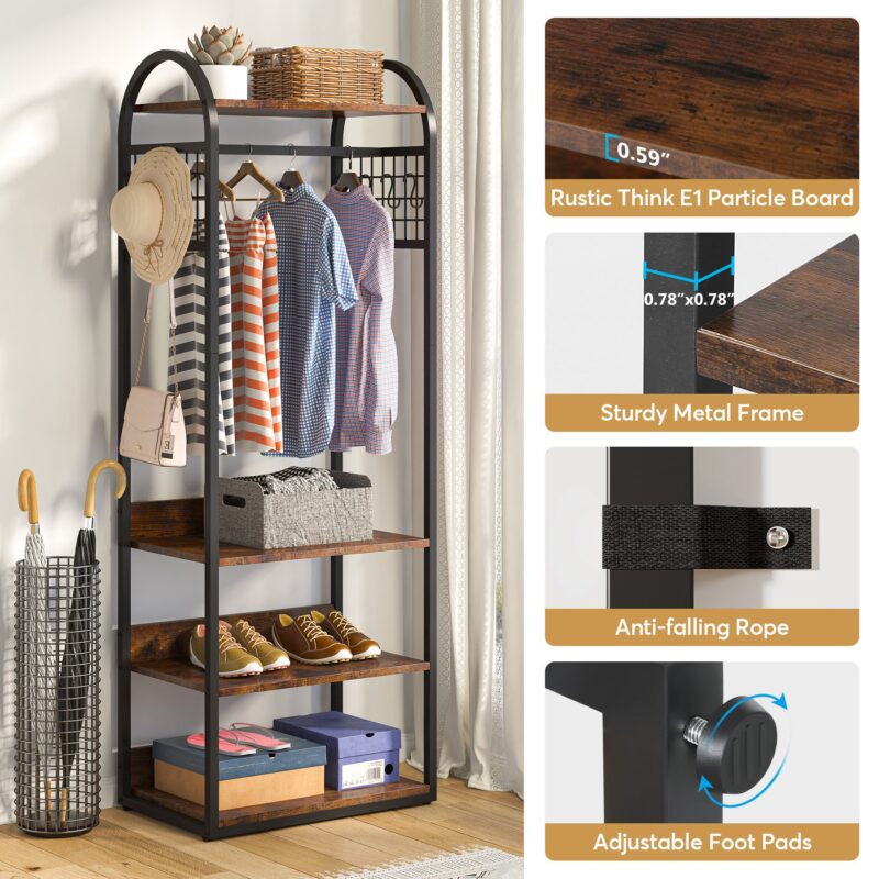 Coat Rack, Freestanding Hall Tree with 4 Storage Shelves - Image 6